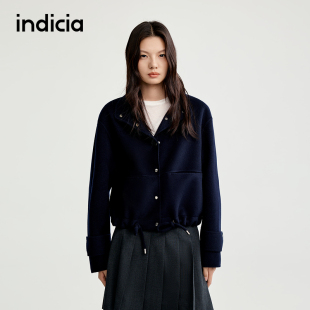indicia标记25秋冬短款 毛呢外套宽松藏青绵羊毛大衣L2C5DY149