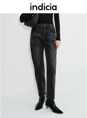 indicia标记黑色牛仔裤女九分休闲直筒裤子秋冬款女装L2D4NK197
