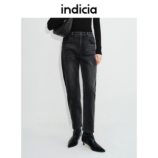 indicia标记黑色牛仔裤女九分休闲直筒裤子秋冬款女装L2D4NK197