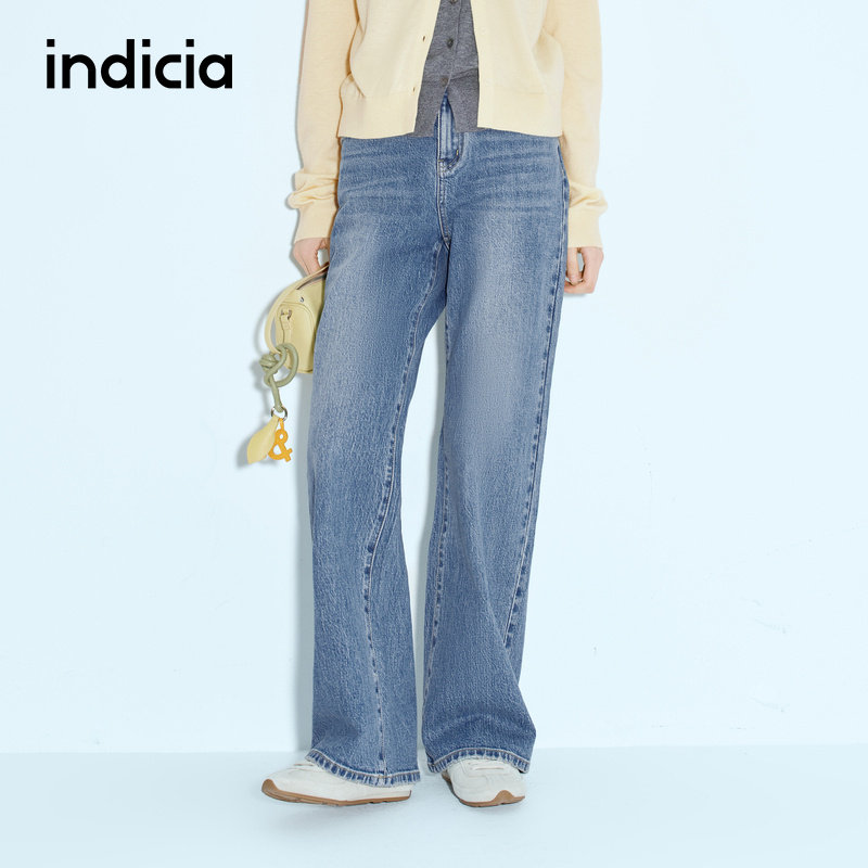 indicia标记25春秋新款简约百搭复古阔腿牛仔裤蓝色女 F2A5NK016F