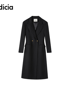 indicia标记商场同款黑色垫肩翻领两粒扣长款外套F2D4WT696C