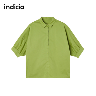 纯棉衬衫 标记女装 绿色上衣蝙蝠袖 衬衣纯色夏季 短袖 indicia