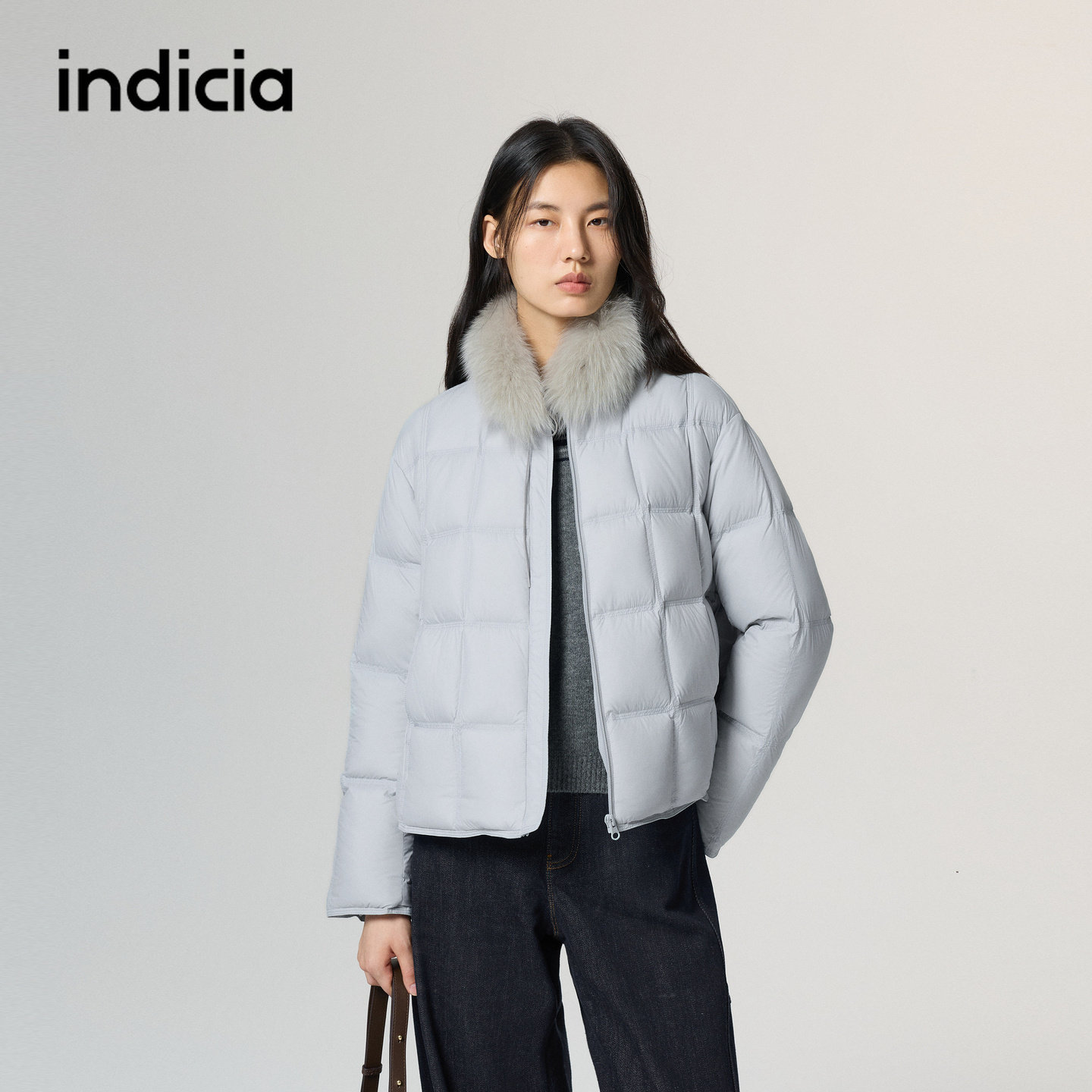 indicia标记商场同款羽绒服蓝色格子外套毛领2026冬季新款女装