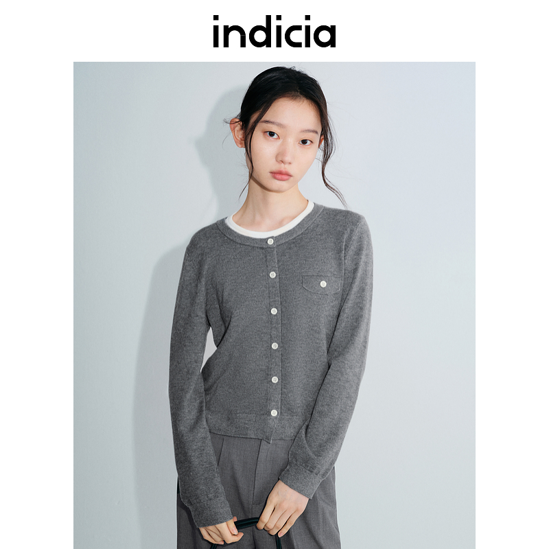 indicia标记25春新款假两件针织衫软糯灰色长袖上衣女装L2A5ZZ004