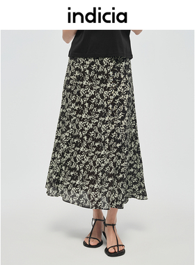 标记商场同款夏季半身裙黑色优雅气质碎花桑蚕丝文艺6B406QZ388C