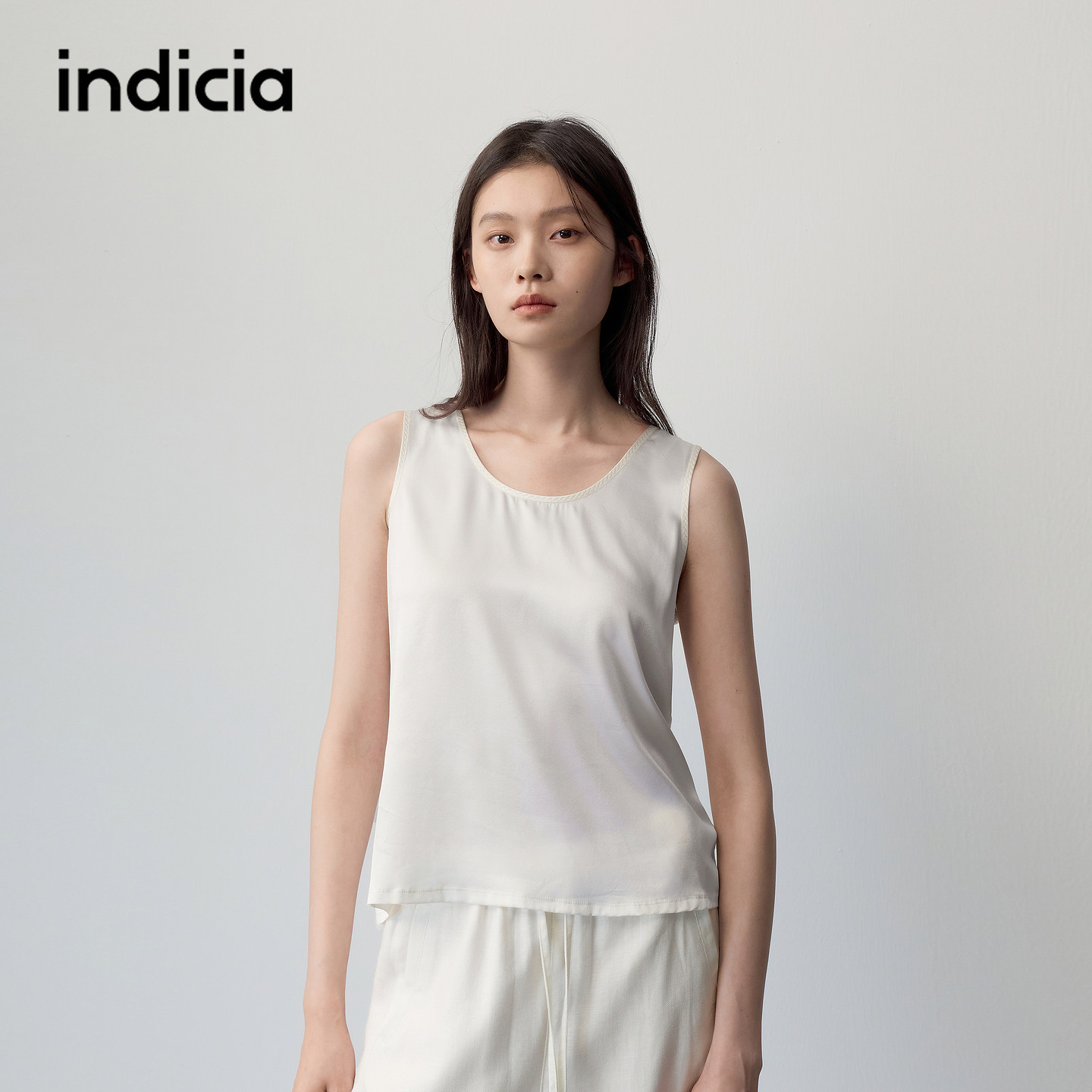 indicia标记商场同款2026夏季女装桑蚕丝背心米白色薄款打底上衣