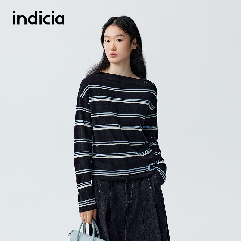 indicia标记商场同款2026春季新款藏青色条纹针织衫上衣时尚女装