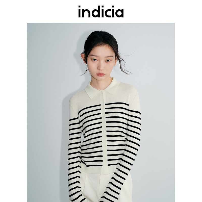 indicia标记显瘦POLO领经典条纹针织衫弹性简约 L2A5ZZ005