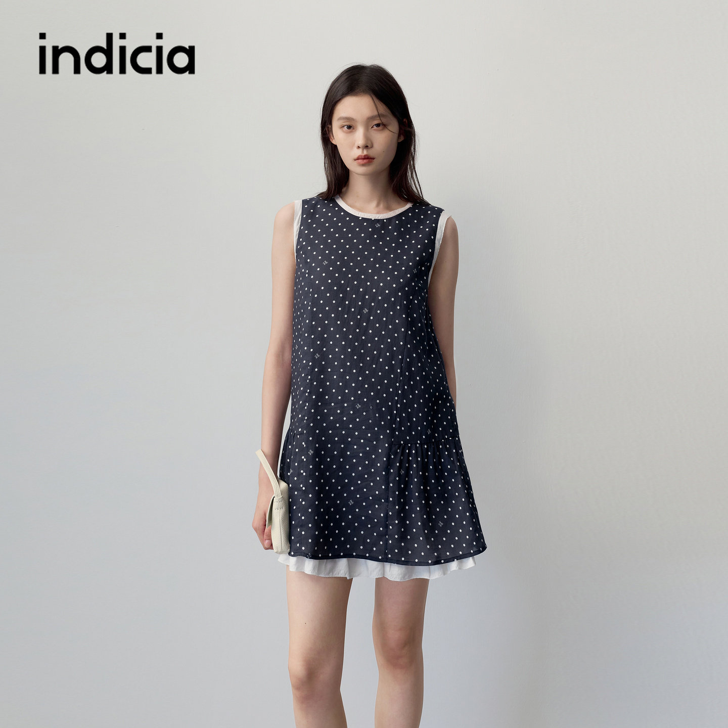 indicia标记商场同款2026夏季新款女装苎麻波点连衣裙藏青色裙子
