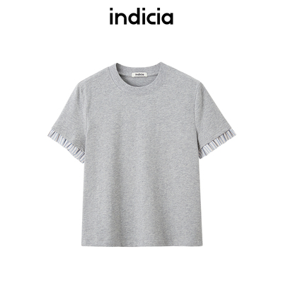 indicia标记商场同款25夏新款撞色t恤小花边袖休闲可爱F2B5TX107N