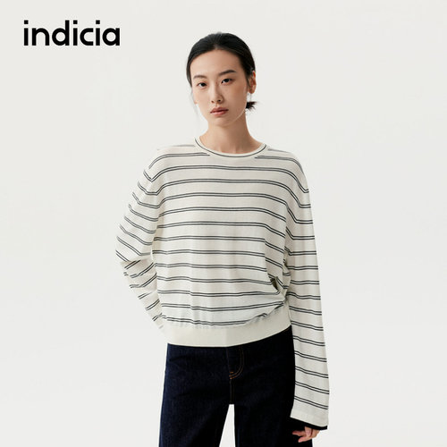 indicia标记商场同款25秋新款慵懒条纹圆领长袖针织衫F2B5ZZ227F