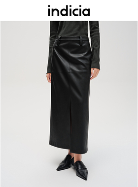 indicia标记商场同款女装秋冬款潮流帅气开叉半裙皮裙F2D4QZ684F