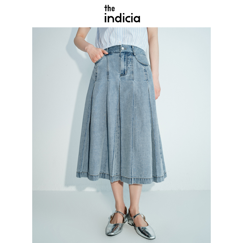 indicia标记夏季新款女装浅蓝牛仔半身裙休闲天丝棉伞型裙子女薄
