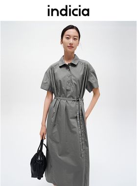 indicia标记商场同款夏季纯棉简约短袖连衣裙灰色女装F2C4LQ414N