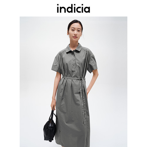 indicia标记商场同款夏季纯棉简约短袖连衣裙灰色女装F2C4LQ414N