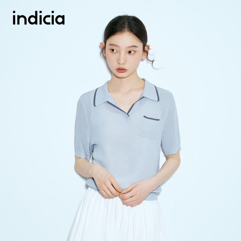 indicia标记商场同款25夏新款撞色边蓝色针织衫polo领F2B5ZZ189N