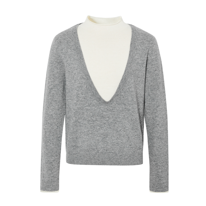 indicia标记羊毛针织衫假两件套装毛衣黑色拼接高领女春冬季女装