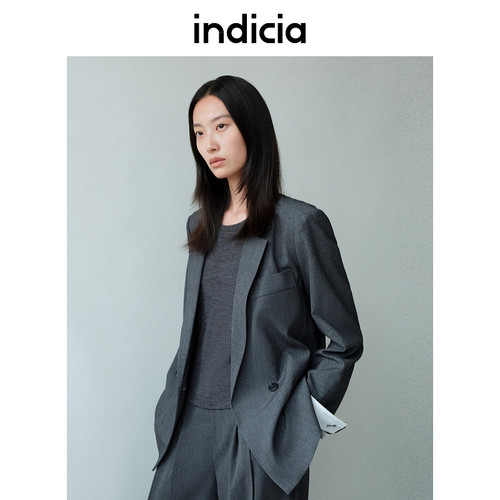 indicia标记气质翻袖腰带灰色小西装外套女春秋季时尚品质女装