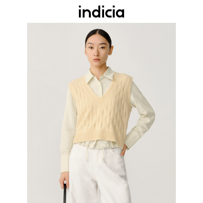 indicia 100%羊毛V领针织衫马甲背心女春秋季商场同款标记女装