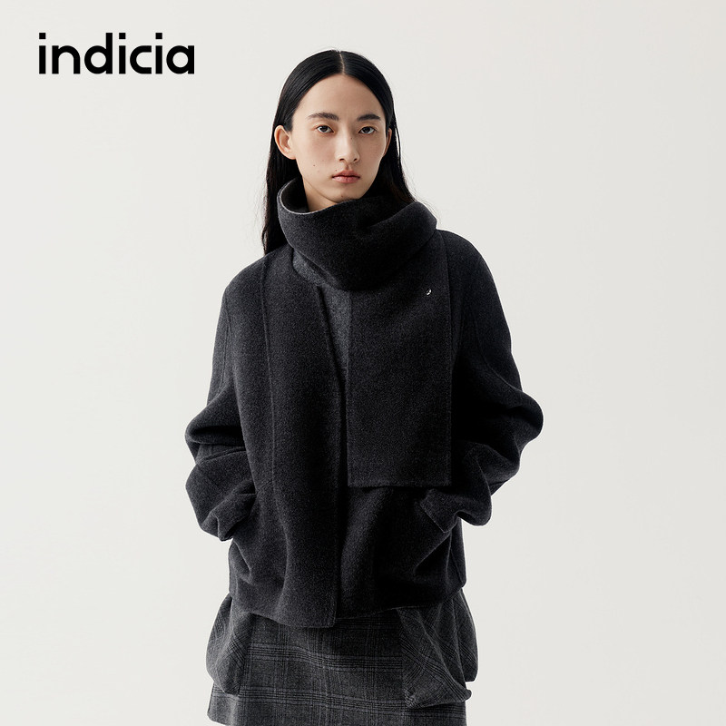 indicia标记商场同款25冬季灰色短款100%羊毛大衣女围巾毛呢外套