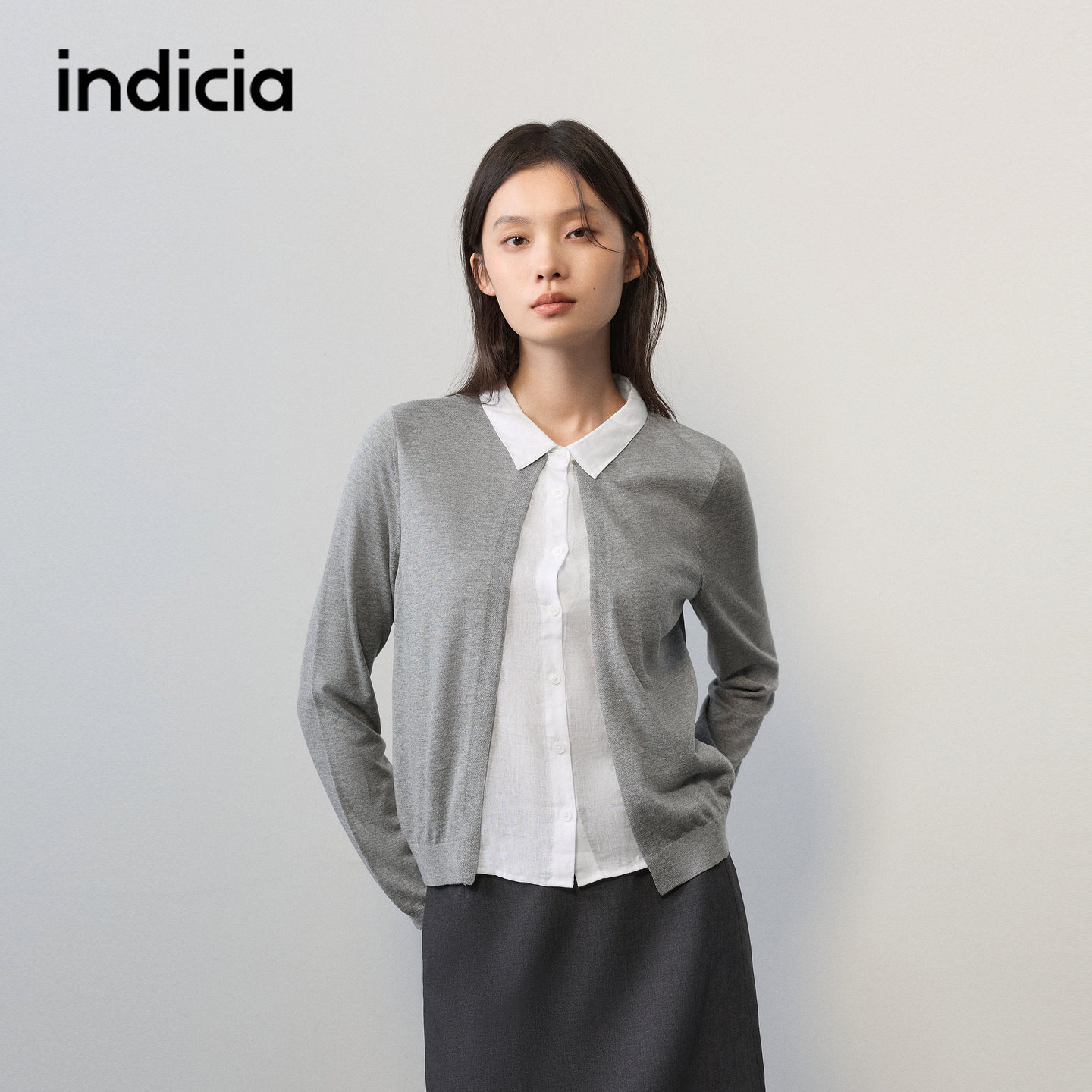 indicia标记商场同款2026秋季新款女装灰色针织衫假两件长袖上衣