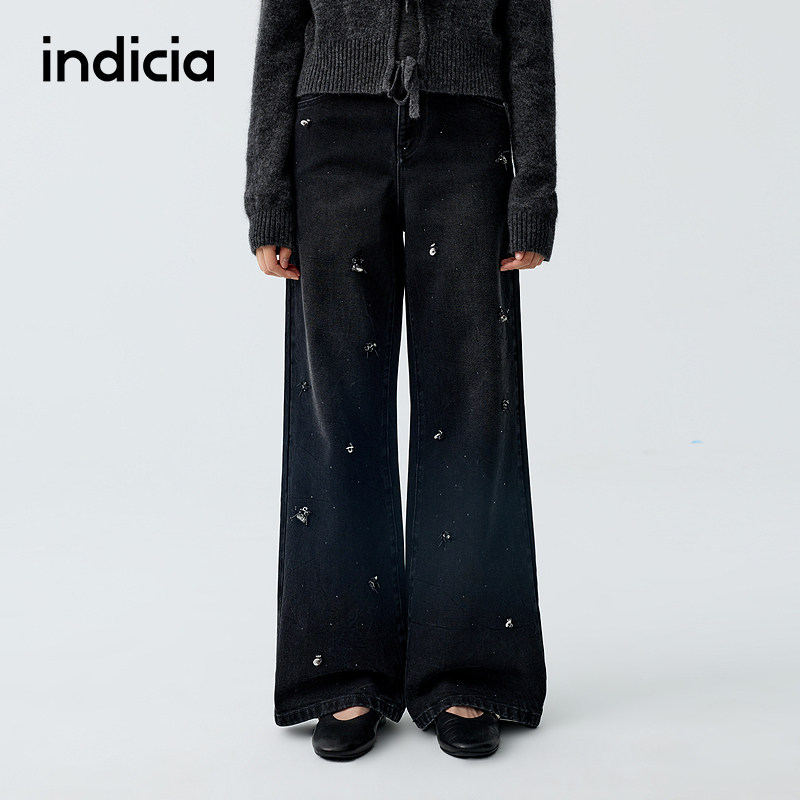 indicia标记商场同款26春季新款女装黑色纯棉休闲牛仔裤长裤子