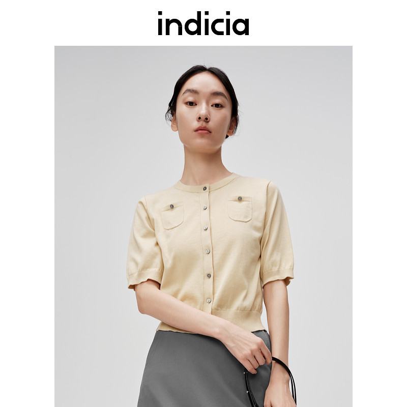 indicia标记商场同款棉混纺圆领短袖针织衫开衫女装6B404KS205C