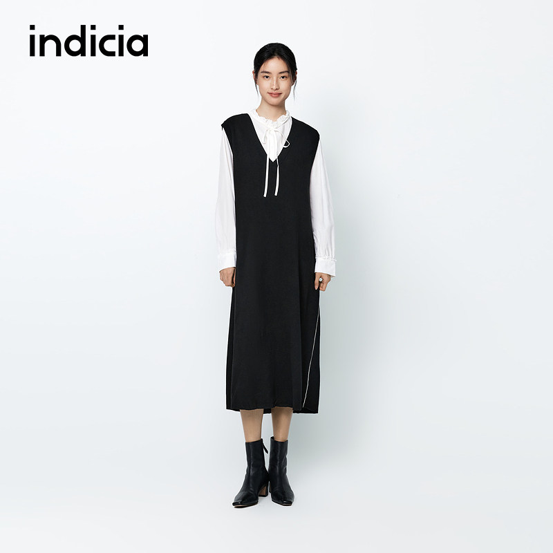indicia标记商场同款通勤无袖V领连衣裙女长裙小黑裙春秋女装