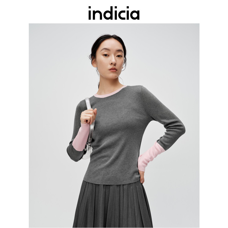 indicia标记春季新款休闲撞色圆领针织衫套头羊毛毛衣C6A403ZZ023