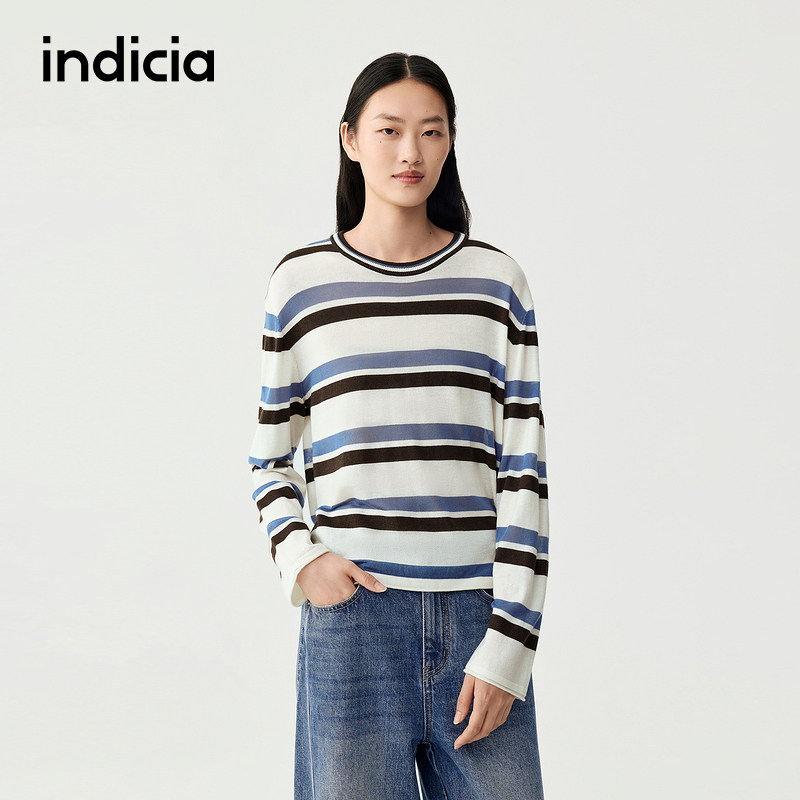 indicia标记商场同款春秋女装撞色条纹简约针织衫上衣F2C5ZZ354N