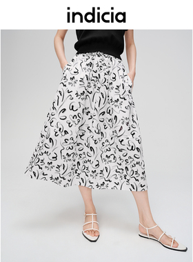 indicia标记法式印花半身裙a字型女夏季碎花裙子黑白6B405QZ289C
