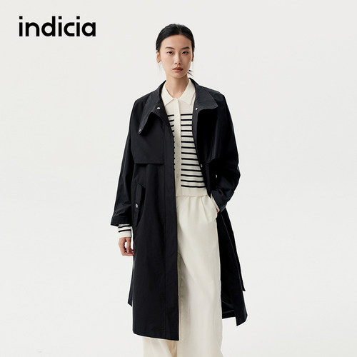 indicia标记黑色风衣长款立领外套女春秋时尚女装F2C4FY510C