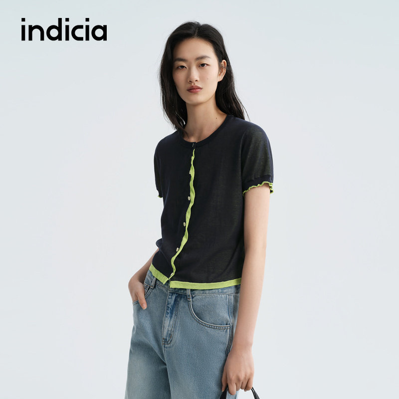 indicia标记商场同款2026夏季新款女装藏青色针织衫休闲短袖开衫