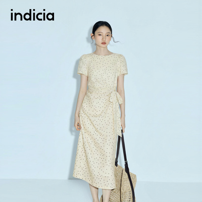 indicia标记商场同款2026夏季女装米白波点短袖连衣裙L2B6LQ170