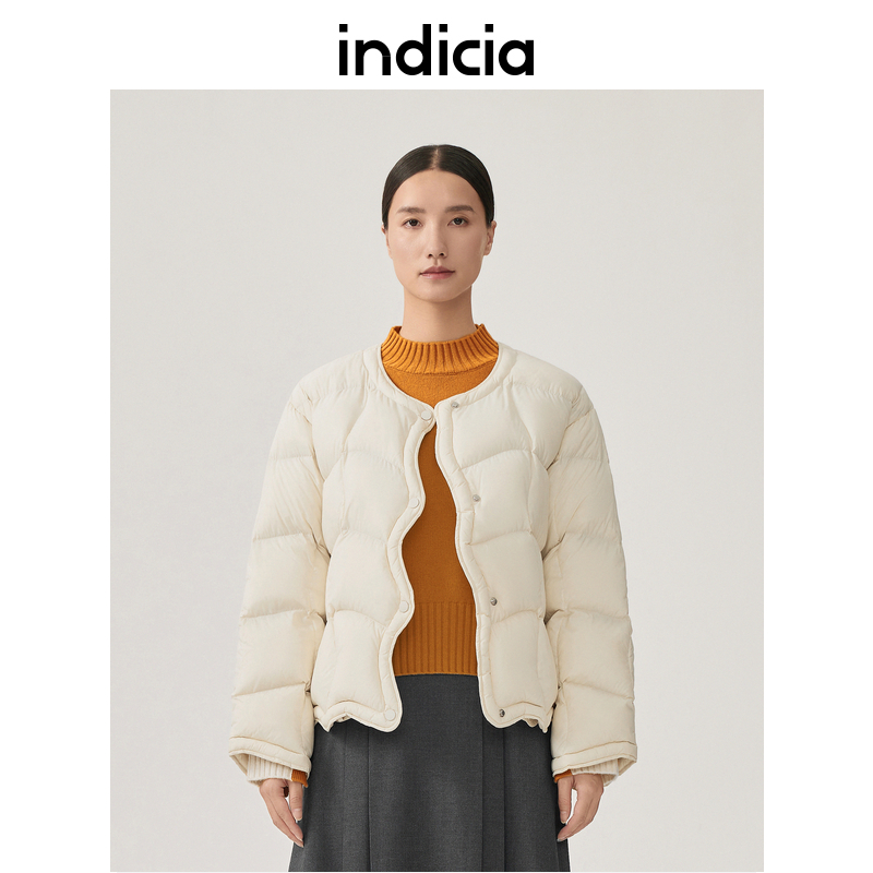 indicia 轻薄圆领短款羽绒服格纹外套秋冬季新款商场同款标记女装