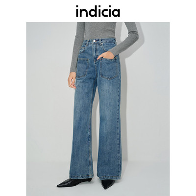 indicia标记复古高腰直筒喇叭裤贴袋牛仔裤春秋季女装L2C4NK150