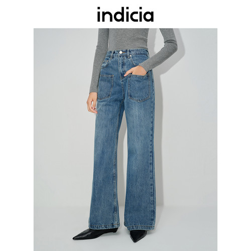 indicia标记复古高腰直筒喇叭裤贴袋牛仔裤春秋季女装L2C4NK150