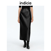 indicia标记商场同款 25春新款 高腰直筒皮裙中长开叉F2A5QZ012C