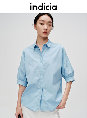 indicia标记纯棉衬衫纯色通勤白色衬衣短袖女上衣女装6B404CS215N