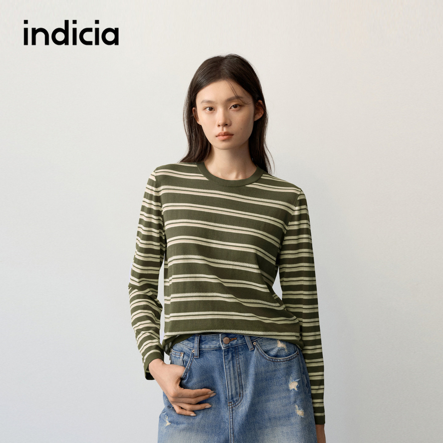 indicia标记商场同款2026秋季新款女装绿色条纹针织衫女