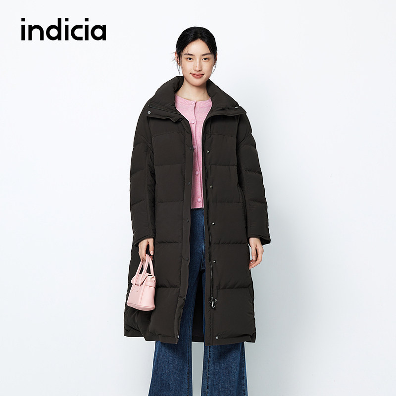 indicia标记商场同款25冬季女装立领羽绒服棕色长款外套L2D5YR300