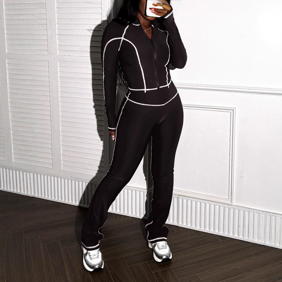 跨境欧美秋冬拉链长袖时尚运动健身女装套装瑜伽