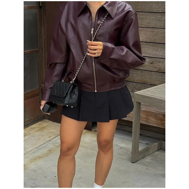 现货--欧美跨境2024秋季女装皮衣舒适休闲复古翻领纯色PU拉链夹克