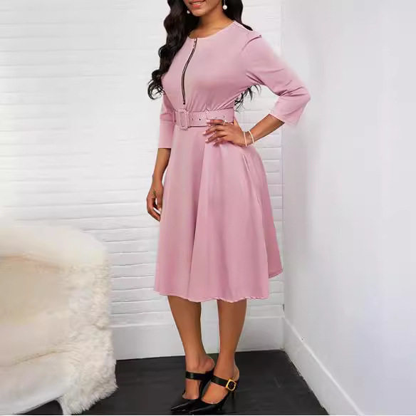 2025秋冬亚马逊速卖通巴西新款收腰拉链中长袖连衣裙女装配腰带