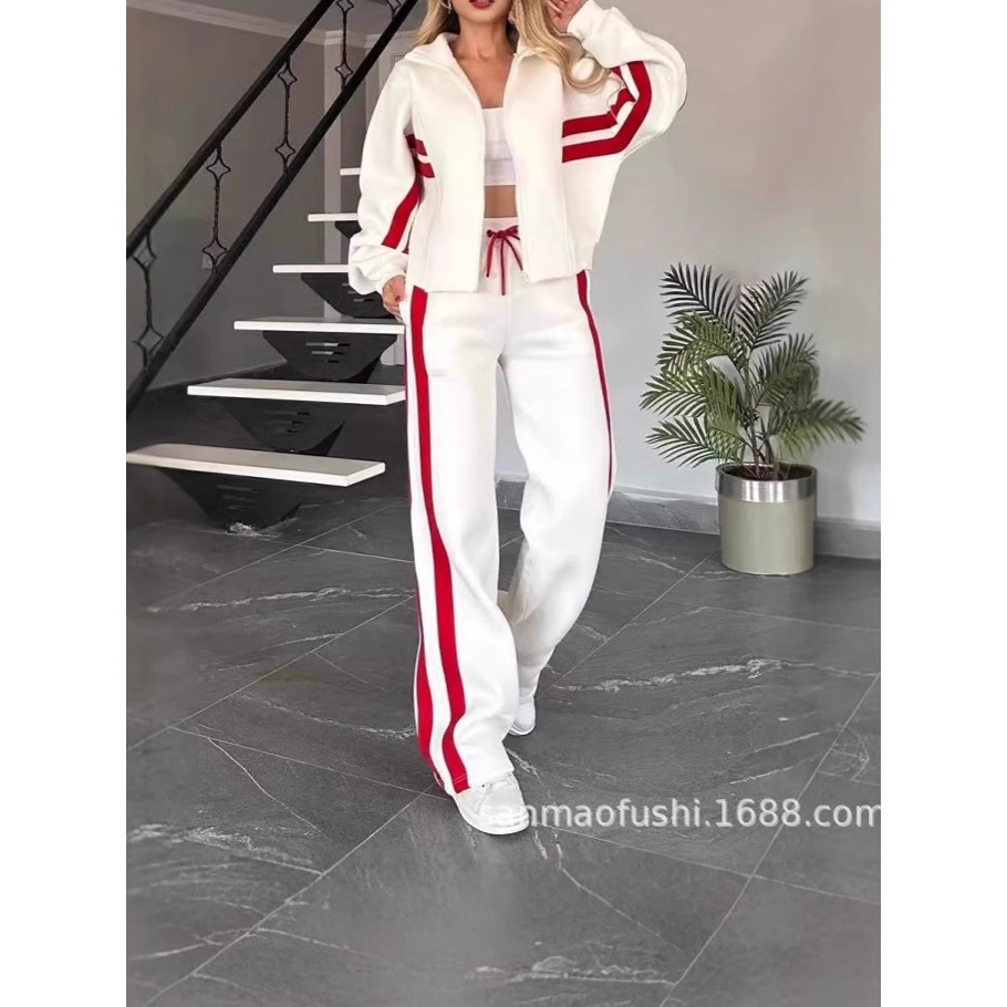 2024欧美跨境亚马逊秋季外贸Y2K条纹拉链上衣外套休闲运动套装女