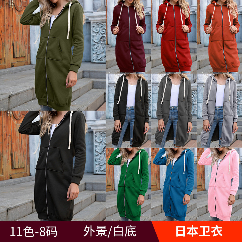 女装亚马逊欧美秋冬卫衣女 大码宽松连帽中长款外套 现货