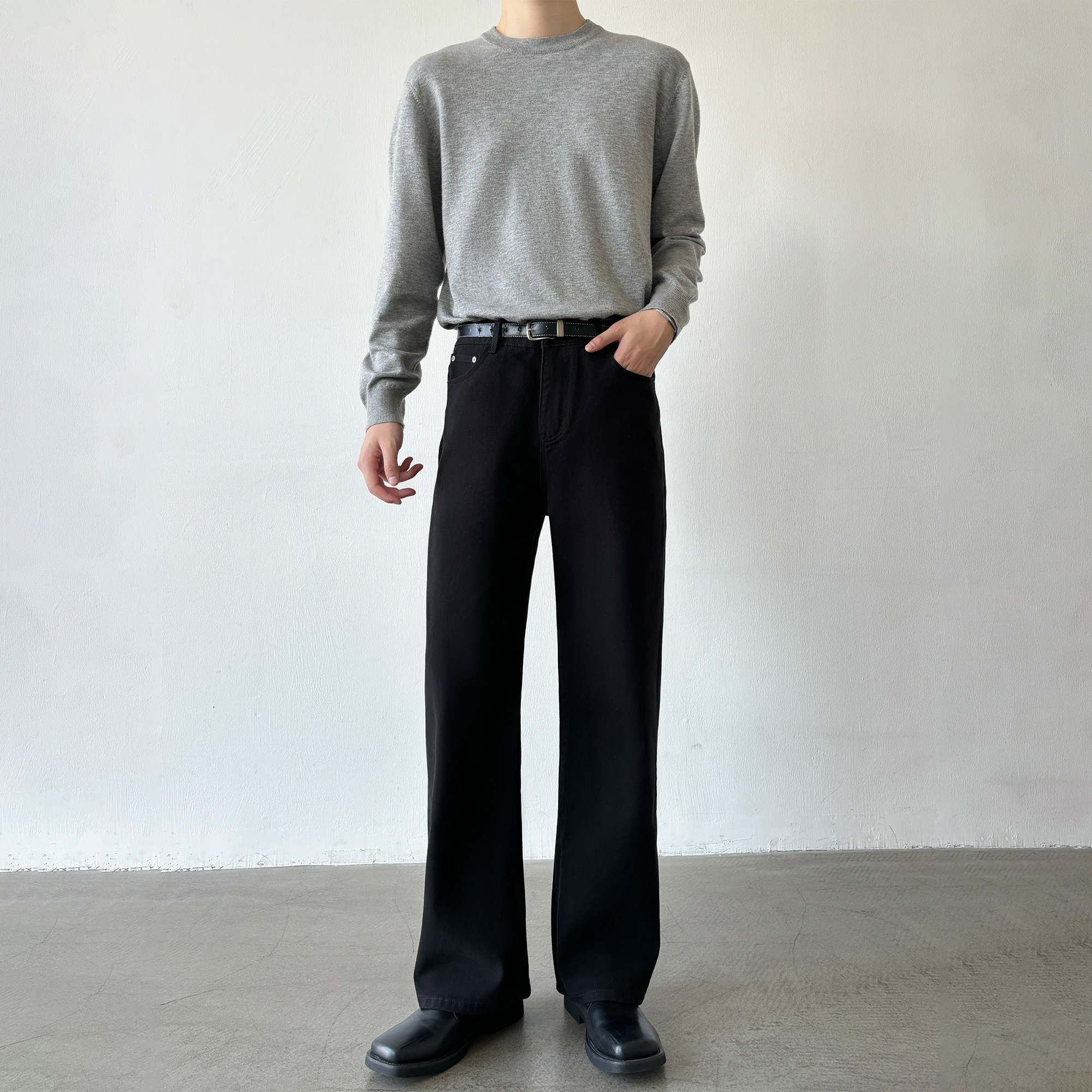 男笙【A字纯棉牛仔裤】春季高品质A字直筒宽松阔腿纯棉黑色牛仔裤