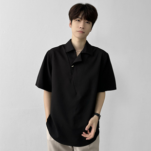 男笙2026夏季韩系轻熟风古巴领男生衬衫短袖男设计感宽松休闲衬衣