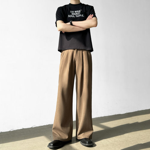 春夏季老钱三本针双压褶阔腿西裤