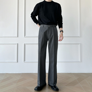 男笙【高品质TR混纺色纺布】冬季三本针工艺微喇宽松休闲灰色西裤